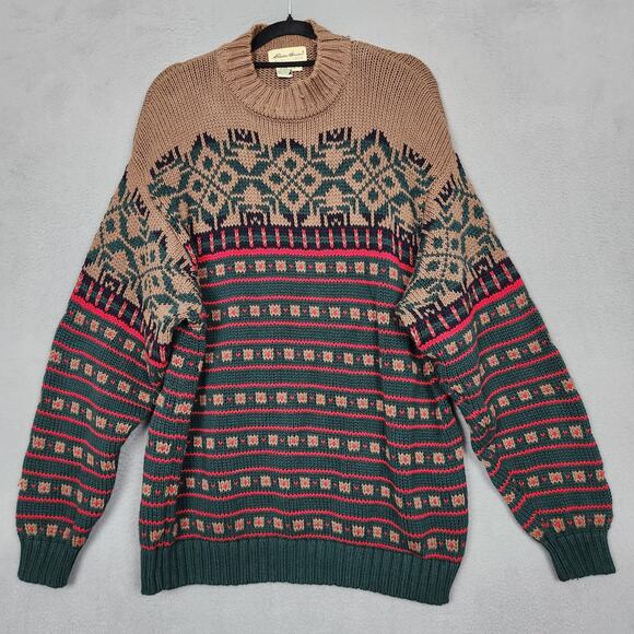 Vintage Eddie Bauer Sweater Mens XL Green Tan Fair Isle Knit Crewneck Nordic 90s - Picture 1 of 15
